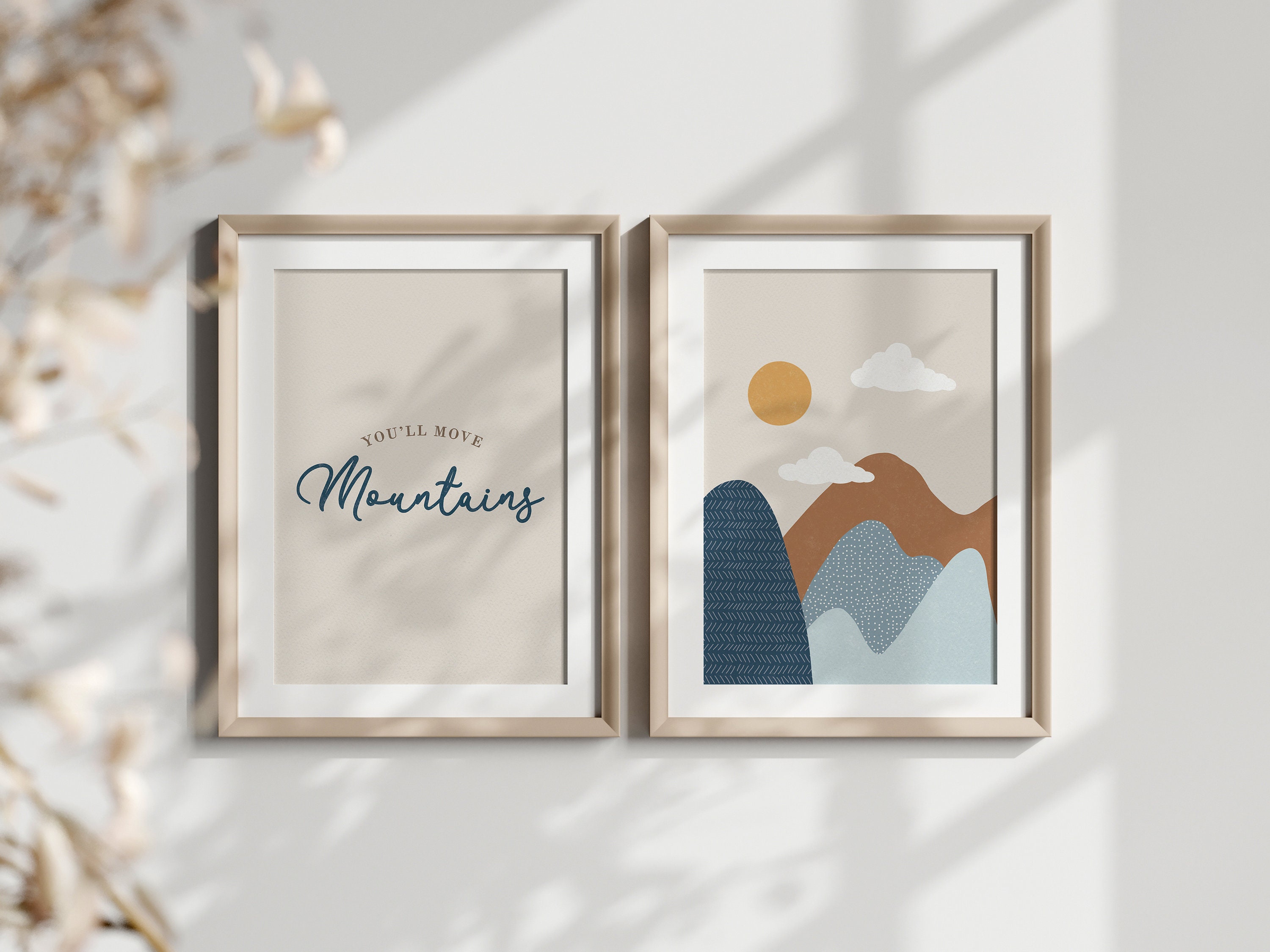 Citazione "Sposta le montagne", stampabile, set da 2, Blue Mountains, arte all'aria aperta, arte motivazionale per bambini, decorazione per cameretta dei ragazzi, tema bosco.