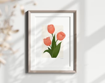 Tulips Printable Wall Art, Pink Floral Illustration, Tulip Bouquet, Spring Floral Decor, Instant Download