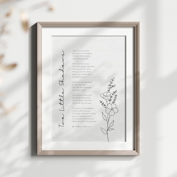 Moeder gedicht afdrukbare kunst aan de muur, twee kleine schaduwen, gedicht voor mama, cadeau voor mama, Moederdag cadeau, Floral lijntekening, Instant Download