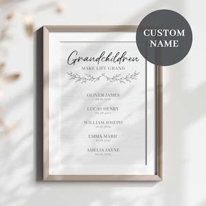 Personalized Grandchildren Sign Printable, Grandchildren Make Life Grand, Gift for Grandparents, Names and Birthdays, Mothers Day Gift
