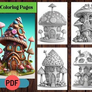 Fantasy Candy Mushroom Houses Grayscale Coloring Pages (PDF)