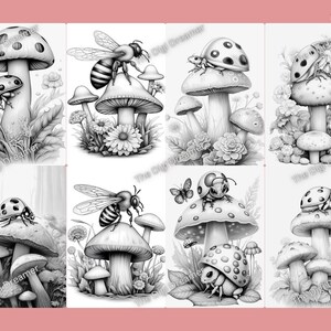 May include: A set of eight black and white coloring pages featuring ladybugs, bees, and mushrooms. The images are detailed and intricate, perfect for adults and children who enjoy coloring.
