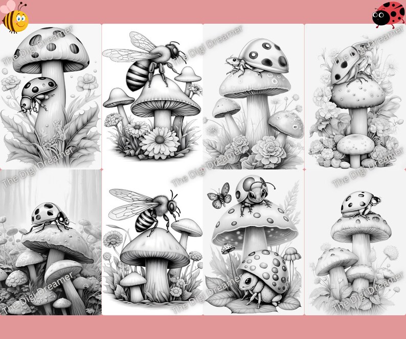 May include: A set of eight black and white coloring pages featuring ladybugs, bees, and mushrooms. The images are detailed and intricate, perfect for adults and children who enjoy coloring.