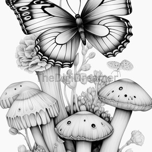May include: A black and white drawing of a butterfly with its wings spread wide, perched on a stalk of flowers.  Below the butterfly are four mushrooms with white caps and stems.
