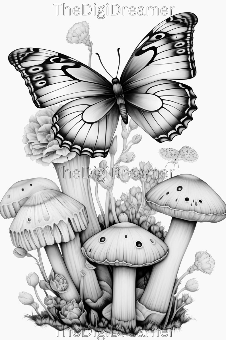 May include: A black and white drawing of a butterfly with its wings spread wide, perched on a stalk of flowers.  Below the butterfly are four mushrooms with white caps and stems.
