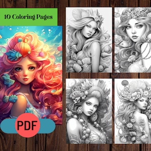 Ocean Princesses Grayscale Coloring Pages for Adults (PDF)