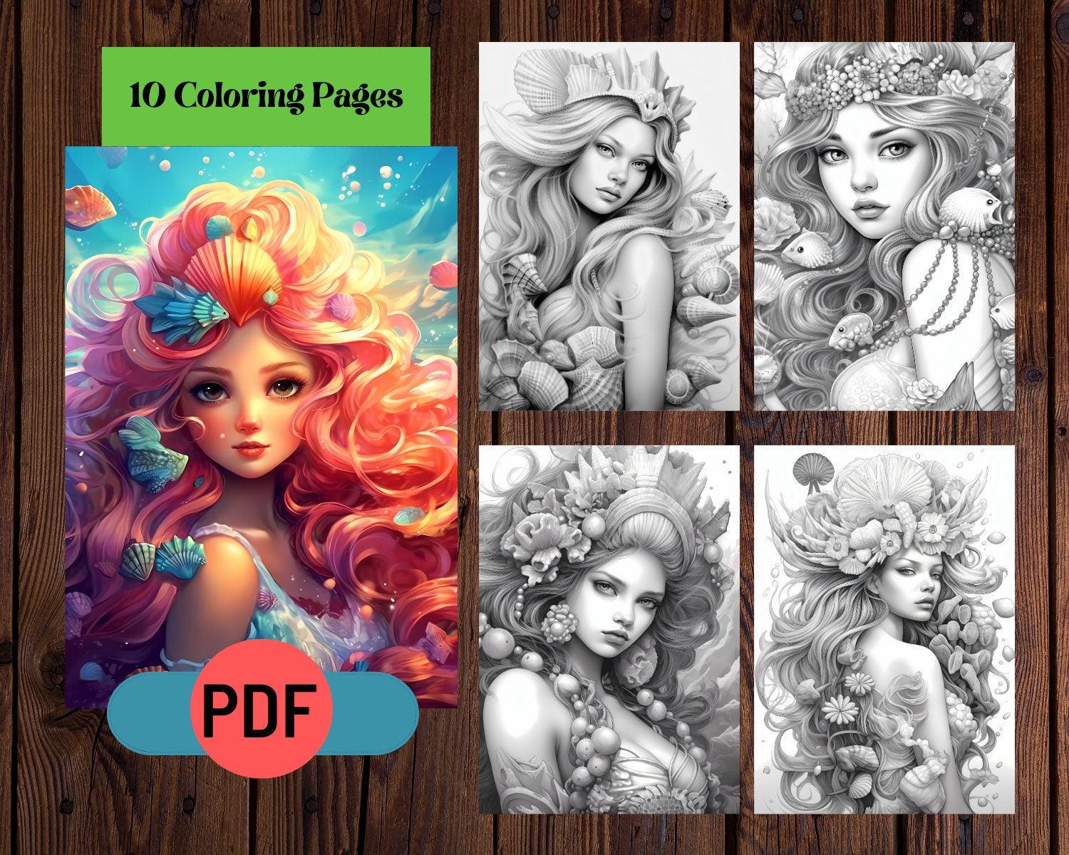10 Printable Serene Ocean Princesses Grayscale Coloring Pages for Adults, Instant Download, Digital Coloring Pages