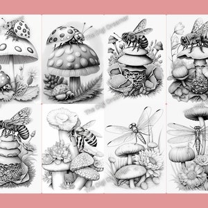 May include: A black and white coloring page featuring a variety of insects and mushrooms. The insects include ladybugs, bees, and dragonflies. The mushrooms are various shapes and sizes.