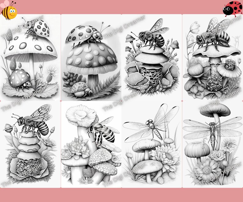 May include: A black and white coloring page featuring a variety of insects and mushrooms. The insects include ladybugs, bees, and dragonflies. The mushrooms are various shapes and sizes.