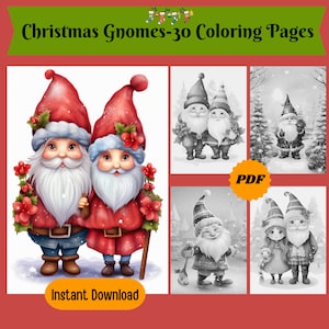 Christmas Gnomes Coloring Pages: 30 Grayscale Designs (Printable PDF)