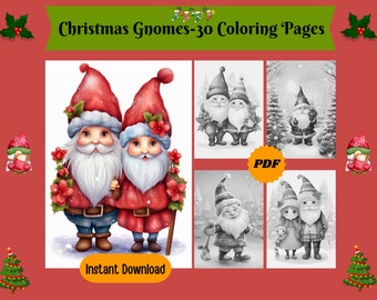 Dibujos para colorear de gnomos navideños: 30 diseños en escala de grises (PDF imprimible)