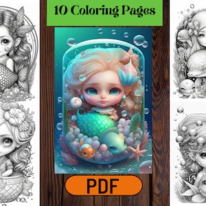 10 Adorable Cute Little Fantasy Mermaids Grayscale Coloring Pages For Adults & Kids, Magical Mermaid Coloring Pages, Instant Download PDF