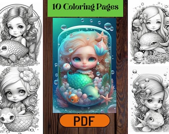 10 Adorable Cute Little Fantasy Mermaids Grayscale Coloring Pages For Adults & Kids, Magical Mermaid Coloring Pages, Instant Download PDF