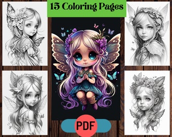Whimsical Butterfly Wings Fairies Coloring Pages, Grayscale Coloring Pages for Adults & Kids, Enchanted Fantasy Fairies, Instant Download