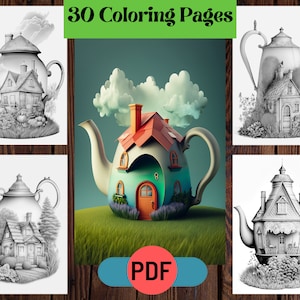 30 Printable Enchanted Magical Fairy Garden Kettle Houses Grayscale Coloring Pages For Adults & Kids, Fairy Houses Coloring,Instant Download