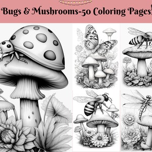 50 Bugs and Mushrooms-Grayscale Printable Coloring Pages For Adults & Kids, Adult Colouring Books, Digital Download, Printable PDF