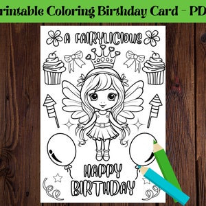 印刷可能な子供向けの塗り絵の誕生日グリーティングカード、DIY 誕生日ギフト、子供向けの誕生日の塗り絵カード、妖精の誕生日、即時ダウンロード