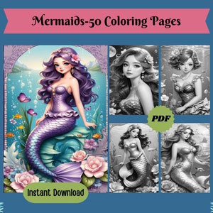 Beautiful Mermaids-50 Grayscale Coloring Pages For Adults, Digital Illustrations, Printable PDF, Instant Download