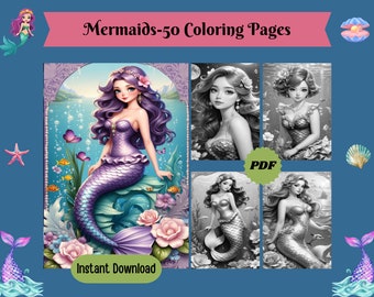 Mermaid Coloring Pages: 50 Grayscale Illustrations (Printable PDF)
