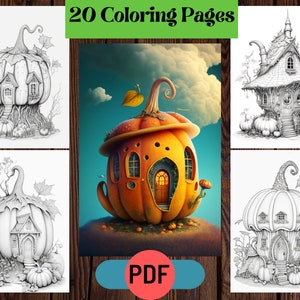 Whimsical Pumpkin Houses - Printable Grayscale Coloring Pages for Adults & Kids,Pumpkin Houses Coloring Pages,Instant Download,Printable PDF