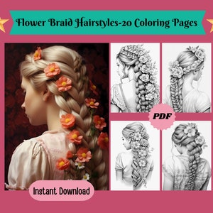 20 Flower Braid Hairstyles Grayscale Coloring Pages for Adults & Kids - Printable Floral Art, Instant Download, Digital Coloring Pages