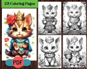 25 Royal Cats Coloring Pages: Majestic Fantasy Grayscale Art (PDF Download)