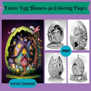 Whimsical Easter Egg Fairy Houses Grayscale Coloring Pages For Adults & Kids, Fairy House Coloring, Instant Download, Digital Coloring Pages
