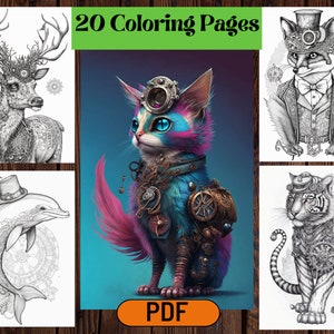20 Printable Mechanical Steampunk Animals Coloring Pages for Adults & Kids, Grayscale Coloring Pages, Instant Download, Printable PDF