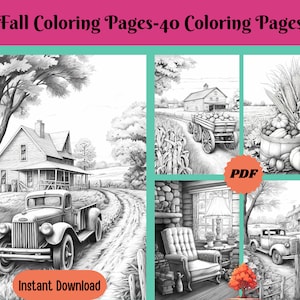 40 Fall Coloring Pages - Grayscale Printable Coloring Pages For Adults & Kids, Adult Colouring Books, Digital Download, Printable PDF