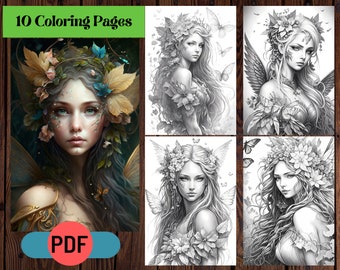 10 Printable Enchanting Fantasy Forest Fairies Grayscale Coloring Pages for Adults, Fairy Coloring Pages, Instant Download, Printable PDF