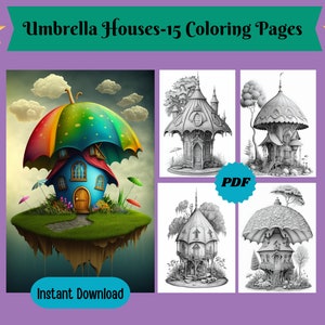 Fantasy Fairy Umbrella Houses Grayscale Coloring Pages For Adults & Kids, Fairy Houses Coloring, Instant Download, Digital Coloring Pages