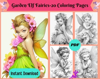 20 Garden Elf Fairies Grayscale Printable Coloring Pages For Adults & Kids, Adult Colouring Books, Instant Download, Printable PDF