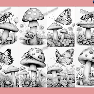 May include: A black and white illustration of a mushroom forest with butterflies, ladybugs, and bees. The mushrooms have white spots and are surrounded by flowers and leaves.