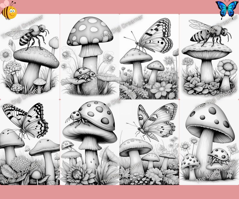 May include: A black and white illustration of a mushroom forest with butterflies, ladybugs, and bees. The mushrooms have white spots and are surrounded by flowers and leaves.