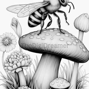 May include: A black and white illustration of a bee perched on top of a mushroom. The mushroom has a red cap with white spots and a white stem. There are other mushrooms and flowers in the background.