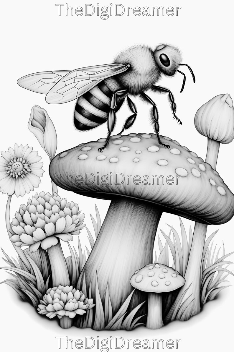 May include: A black and white illustration of a bee perched on top of a mushroom. The mushroom has a red cap with white spots and a white stem. There are other mushrooms and flowers in the background.