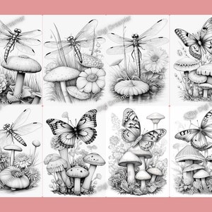 May include: A set of eight black and white coloring pages featuring a dragonfly and butterfly with mushrooms and flowers. The images are drawn in a realistic style.