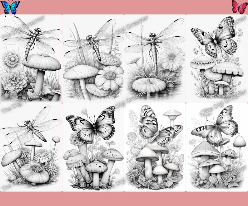 May include: A set of eight black and white coloring pages featuring a dragonfly and butterfly with mushrooms and flowers. The images are drawn in a realistic style.