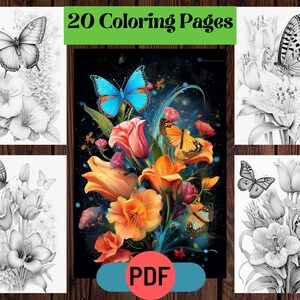 Flowers and Butterflies - Printable Grayscale Coloring Pages For Adults & Kids, Botanical Beauty, Floral Fantasy Coloring, Instant Download
