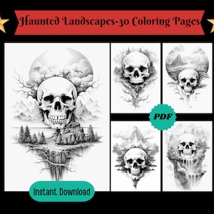 30 Haunted Landscapes-Grayscale Printable Coloring Pages For Adults & Kids, Adult Colouring Books, Instant Download, Printable PDF