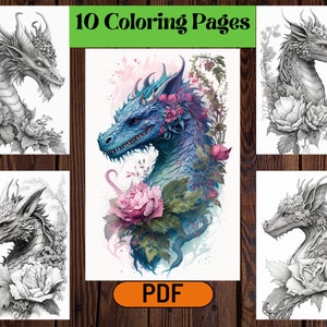 Fantasy Dragons and Flowers Grayscale Coloring Pages For Adults & Kids,Whimsical Floral Dragon Coloring Pages,Instant Download,Printable PDF