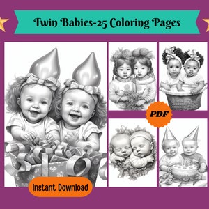 Adorable Twin Babies Grayscale Coloring Pages For Adults & Kids, Cute Babies Coloring Pages, Instant Download, Printable PDF