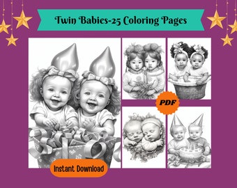 Zwillings-Babys Malseiten: Graustufen-Malerei für Erwachsene & Kinder (druckbare PDF-Datei)