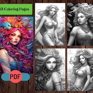 15 Enchanting Mermaid Princessess Grayscale Coloring Pages For Adults, Mermaid Coloring Pages, Instant Download, Printable PDF