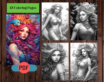 Dibujos para colorear de la princesa sirena en escala de grises para adultos (PDF imprimible)