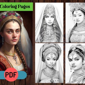 Ethnic Bride Portraits: Cultural Grayscale Coloring Pages (PDF)