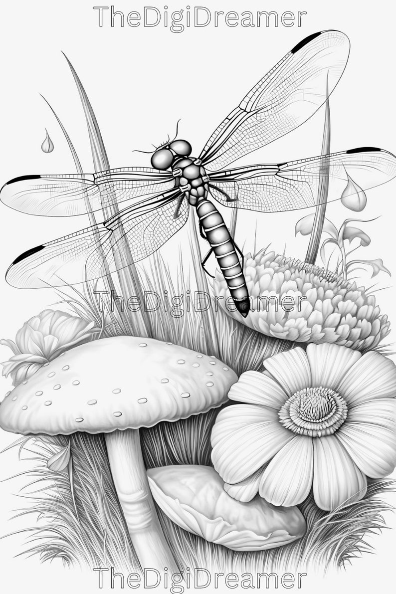 May include: A black and white drawing of a dragonfly perched on a flower with a mushroom and other flowers in the background.