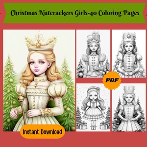 40 Christmas Nutcrackers Girls-Grayscale Printable Coloring Pages For Adults & Kids, Christmas Coloring Pages, Digital Download
