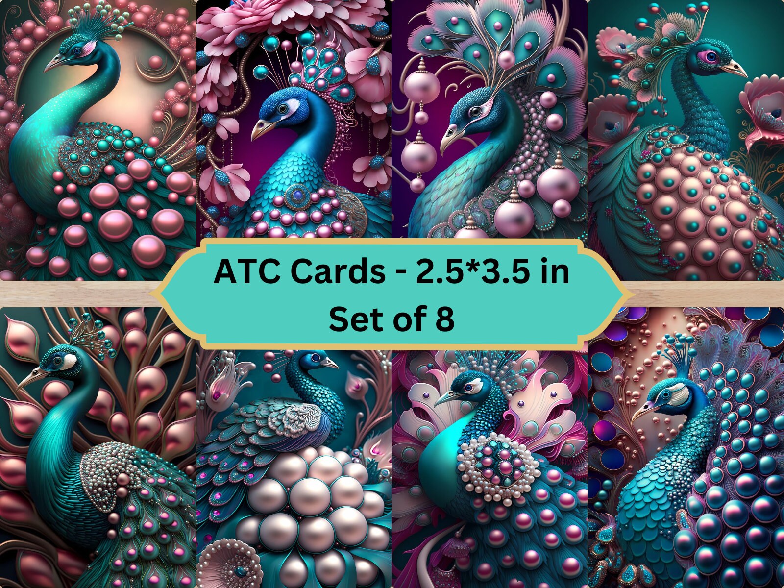 Ethereal Peacocks-Printable ATC Cards, Set Of 8, Journaling Supplies, Card making, Scrapbooking, Digital Download