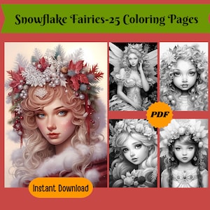 25 Snowflake Fairies-Printable Grayscale Coloring Pages For Adults, Christmas Coloring Pages, Digital Download, Printable PDF